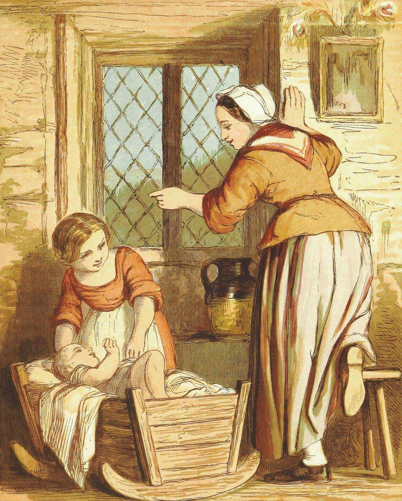 A vintage illustration of a mother tending her baby in a cradle while an older woman looks on